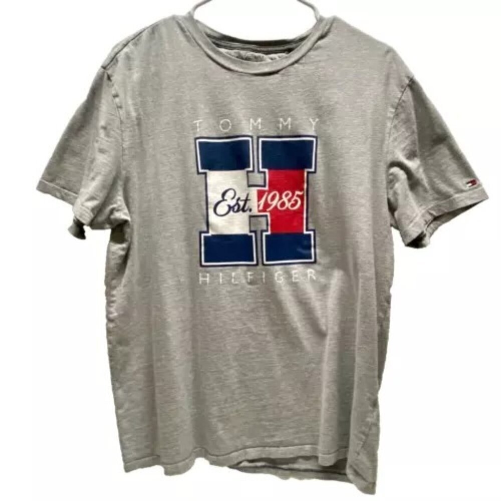 Tommy Hilfiger T-Shirt Men's Large Gray TH Graphic Logo Short Sleeve‎ Tee GUC